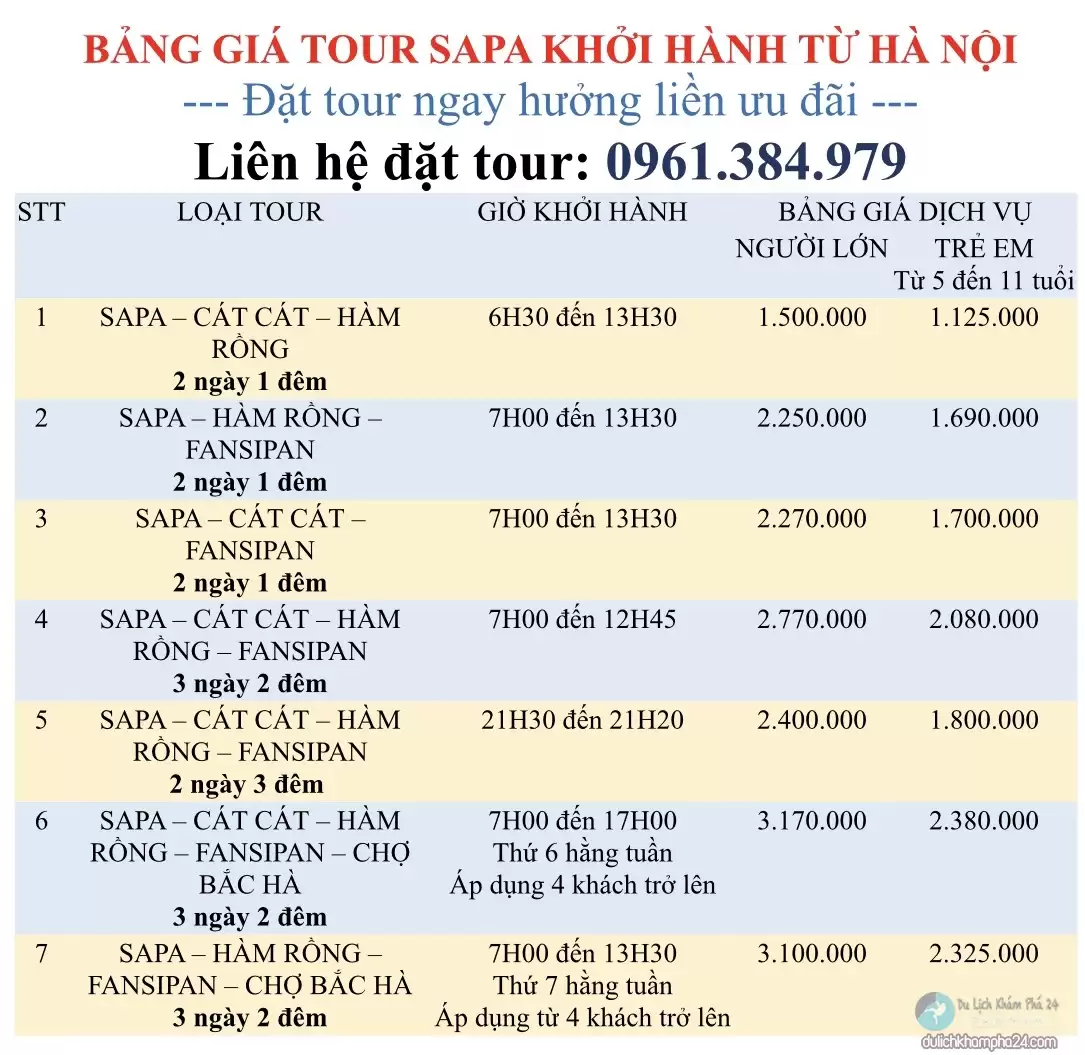 Bảng giá tour Sapa 2021