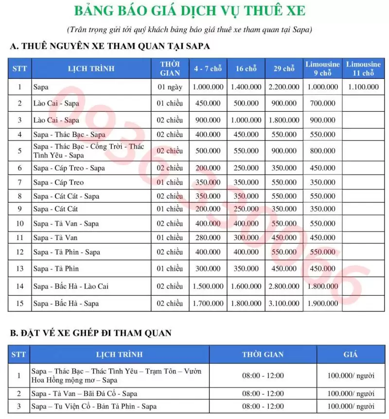 Điện thoại dịch vụ thuê xe tại Sapa: 024 7100 2020 / 0936 33 0066 (07:00 – 22:00).